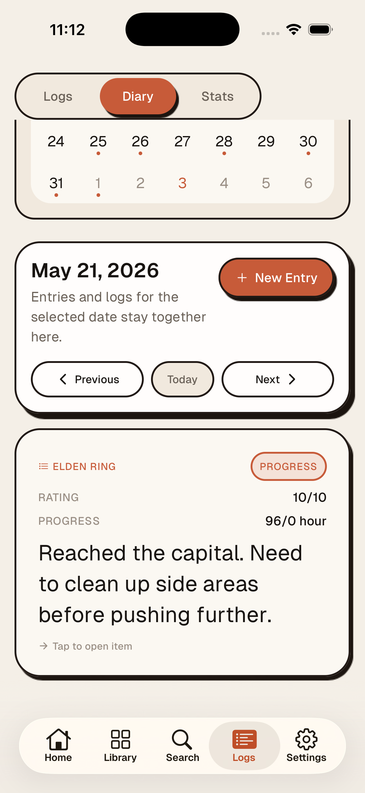 Yore diary screen showing dated entries linked to items