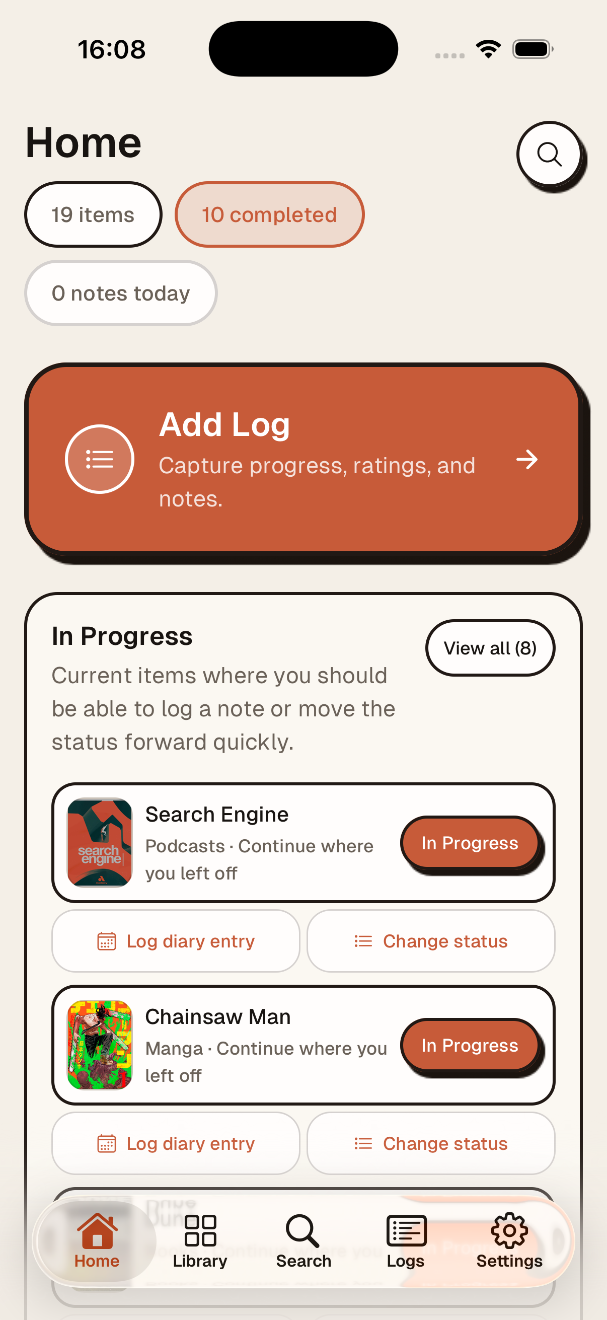 Yore home screen showing in-progress items