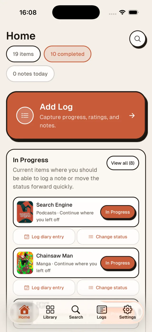 Yore home screen showing in-progress items